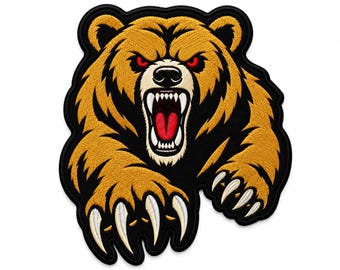 Roaring Gold Bear Embroidered Patch, Fierce Bear Biker Back Patch, Gold Bear Jacket Patch, Christmas Gift for Men and Women