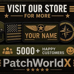 Może przedstawiać: Kolekcja haftowanych naszywek taktycznych na ciemnym tle. Tekst zawiera napisy VISIT OUR STORE FOR MORE, YOUR NAME, 5000+ HAPPY CUSTOMERS oraz PatchWorldX. Naszywki przedstawiają g&oacute;ry, flagę amerykańską, gwiazdę ze skrzydłami oraz kompas.