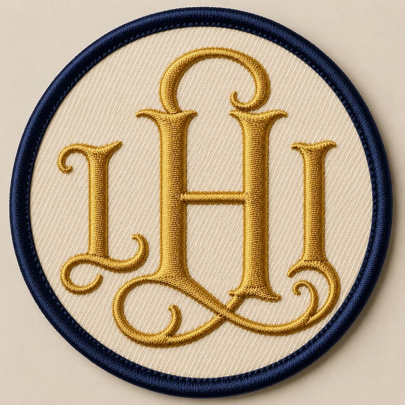 May include: A circular embroidered patch featuring a cream-colored fabric base with a dark navy blue stitched border. The center displays a large, ornate monogram in metallic gold thread, consisting of the intertwined letters L, H, and I in a serif font.