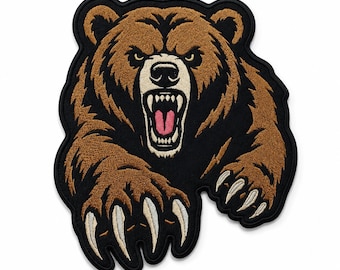 Roaring Bear Patch Embroidered Animal Iron On Sew On Velcro Badge