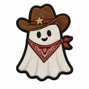 Könnte beinhalten: Ein gestickter Aufnäher, der einen weißen Geist mit einem braunen Cowboyhut samt goldenem Stern und einem roten Halstuch mit weißen Verzierungen zeigt. Das gesamte Motiv ist mit einem dicken schwarzen Rand versehen.