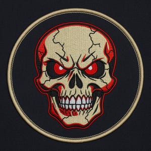 May include: A circular embroidered patch featuring a beige skull with cracked details, glowing red eyes, and sharp white teeth. The skull is outlined in bold red thread against a black background, finished with a tan stitched border edge.
