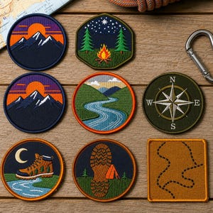 Outdoor Adventure Embroidered Patch Set - Nature, Hiking & Mountain Iron On Badges for Backpacks