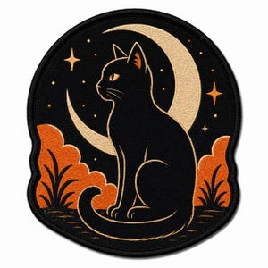 May include: A circular embroidered patch featuring a black cat sitting in profile against a large cream-colored crescent moon. The background is black with orange clouds, grass, and small stars. The design is bordered by a thick black stitched edge.