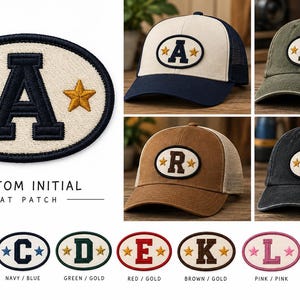 May include: An oval-shaped embroidered patch featuring a central letter and two flanking stars, shown in various colour combinations. The image displays several baseball caps adorned with these patches, alongside text reading CUSTOM INITIAL HAT PATCH.