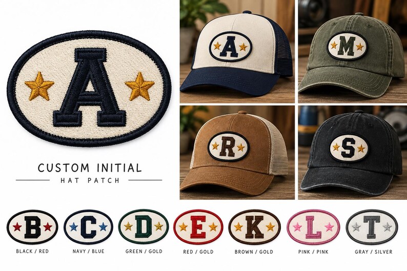 May include: An oval-shaped embroidered patch featuring a central letter and two flanking stars, shown in various colour combinations. The image displays several baseball caps adorned with these patches, alongside text reading CUSTOM INITIAL HAT PATCH.