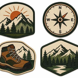 May include: A set of four embroidered patches featuring outdoor themes. One patch shows a mountain range with a sun, one a compass rose, one a hiking boot with mountains, and one a mountain landscape with a river, all in green, brown, and cream.