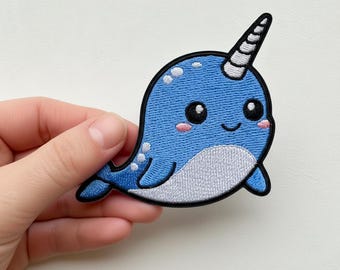 Écusson thermocollant narval kawaii, applique baleine bleue
