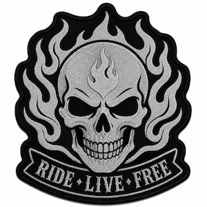 Parche trasero grande de motociclista con calavera plateada en llamas – Parche para chaqueta de motociclista de club