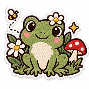 Peut inclure: Un écusson brodé représentant une grenouille verte aux grands yeux noirs et aux joues roses. La grenouille est entourée de marguerites blanches, de feuilles vertes, d'un champignon rouge à pois blancs, d'une petite abeille et d'une étoile jaune.
