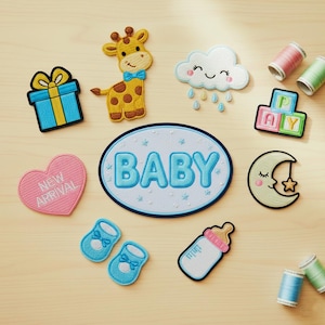 May include: Embroidered baby-themed patches, including a giraffe, cloud, gift, heart with "NEW ARRIVAL", baby blocks, moon, baby shoes, and a bottle. The patches are in various colours, including blue, yellow, pink, and green. The word "BABY" is embroidered on an oval patch.