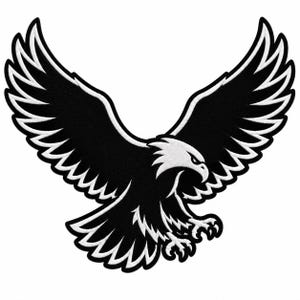 May include: An embroidered patch featuring a bald eagle in flight with its wings spread wide. The design is rendered in high-contrast black and white, showing the eagle with a white head, black body, and white-tipped feathers on its wings and tail.