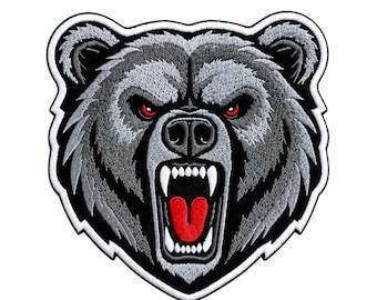 Roaring Bear Head Embroidered Patch Iron On Sew On Velcro