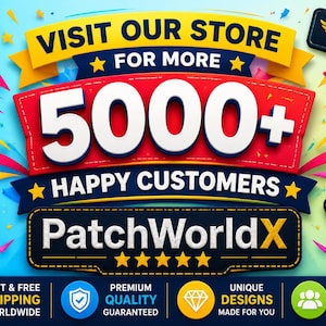 Może przedstawiać: Grafika promocyjna z tekstem VISIT OUR STORE FOR MORE 5000+ HAPPY CUSTOMERS oraz PatchWorldX i pięcioma ż&oacute;łtymi gwiazdkami. Obraz przedstawia r&oacute;żne haftowane naszywki, w tym g&oacute;rski krajobraz, odcisk łapy, kompas oraz flagę.