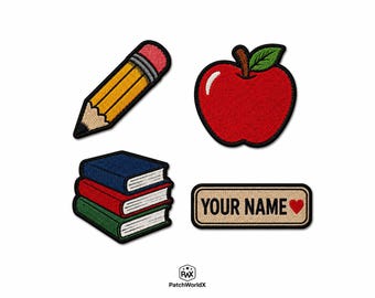 Back to School Patch Set | Pencil Apple Books Name Patch | Embroidered School Badge