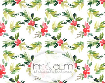 Christmas Backdrop LARGE SIZES, Christmas photography backdrop, Mistletoe backdrop, "Watercolor Mistletoe"