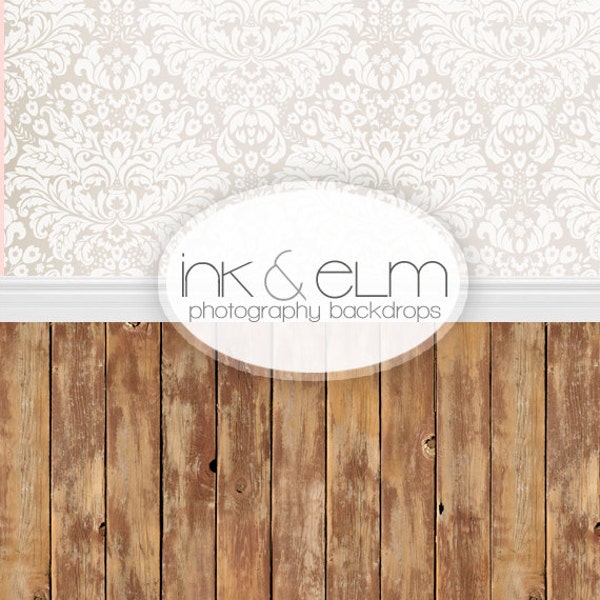 TWO in ONE Backdrop 5ft x 10.25ft, Vinyl Photography Backdrop, all in one backdrop, Elegance Damask Knotty Wood Floor All in One Backdrop