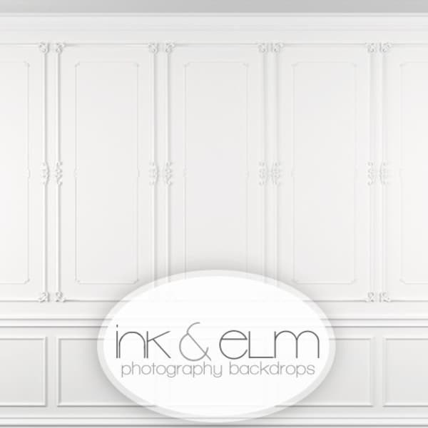 Backdrop LARGE SIZE OPTIONS, Vinyl Backdrop White Wainscot Chair Rail Wall Photo Background, Photo Booth Prop backdrop, "Classic Wainscot"