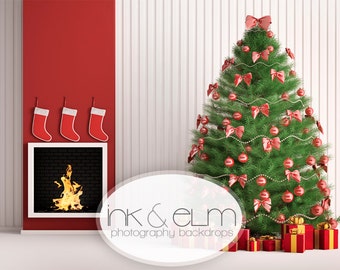 Christmas Vinyl Photography Backdrop 6ft x 5ft, Holiday Scene Photo Backdrop, Christmas Tree Fireplace Backdrop, "Merry Little Christmas"