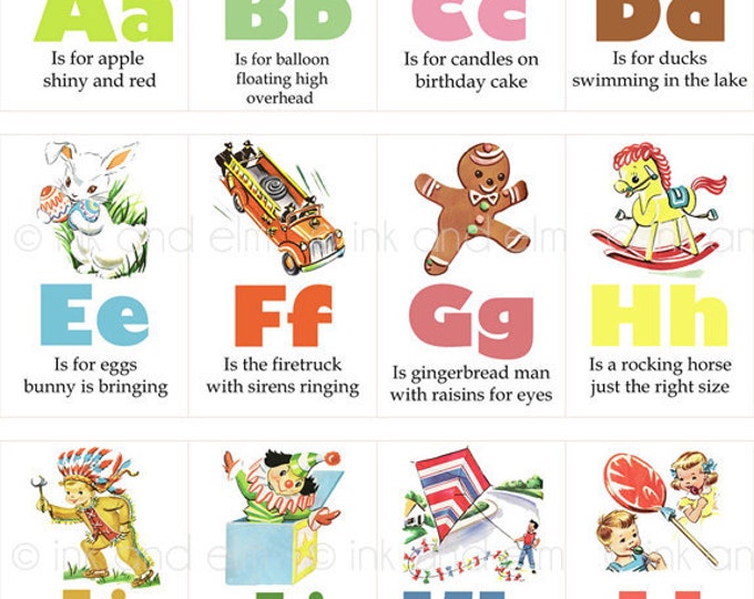 Vintage Alphabet Flashcards, Vintage Children's Alphabet Digital Images