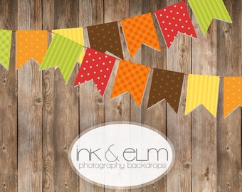 Fall Bunting Backdrop 5ft x 5ft,  Pennant Bunting Wood Plank Vinyl Photo Backdrop, Fall Party photography backdrop, "Fall Bunting"