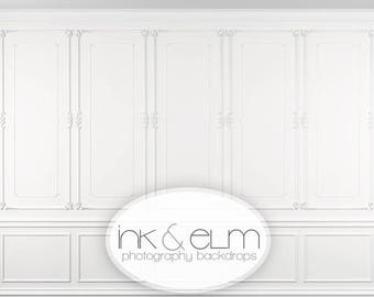 Backdrop LARGE Size Options, Vinyl Backdrop White Wainscot Chair Rail Wall Photo Background, Photo Booth Prop, White Wall "Classic Wainscot"