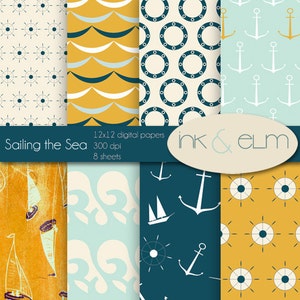 Digital Paper , Sailing the Sea, Modern Digital Scrapbook Paper, Printable Papers, 12x12 paper, Beach, Ocean, Paper & backgrounds