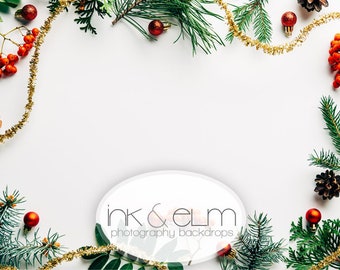 Christmas Backdrop 3ft x 2ft, Holiday Photography Backdrop, social media holiday photo background, Christmas flatlay, "Holiday Trimmings"