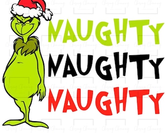 Könnte beinhalten: Cartoon-Illustration einer grünen Figur mit Weihnachtsmütze und dem Wort "NAUGHTY" in Grün, Schwarz und Rot. Die Figur hat einen wütenden Gesichtsausdruck und einen Pelzkragen.