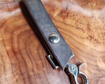 Gray Leather Key Fob Strap with Quick Release Nickel Plated Hook Handmade from Crazy Horse Water Buffalo Leather