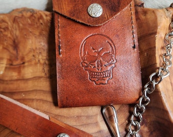 Skull Stamped Handmade Leather Card ID Case with Chain Minimalist Biker Wallet Style