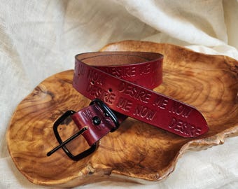 Hand Made  Red Leather Signature Desire Me Now Belt Stamped Lettering Custom Colors by Request