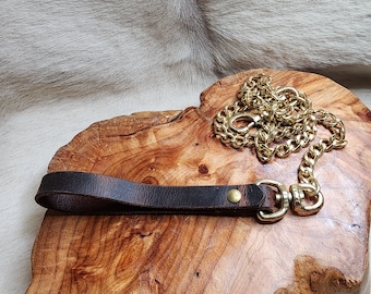 Handmade Brown Leather Leash cut from Crazy Horse Water Buffalo 30" brass plated chain over steel