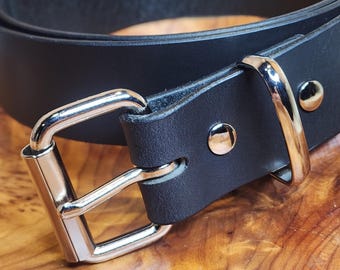 Handmade Leather Belt  cut from Black Water Buffalo Leather  Men ~ Ladies Full Grain  - Nickel Plated Buckle