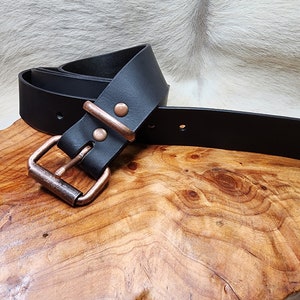 Handmade Leather Belt  cut from Black Water Buffalo Leather  Men ~ Ladies Full Grain  - Antique Copper Look Buckle