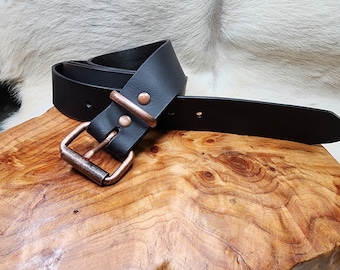 Handmade Leather Belt  cut from Black Water Buffalo Leather  Men ~ Ladies Full Grain  - Antique Copper Look Buckle