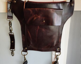 Handmade Redwood Colour Pull up Leather Chest  Hip & Holster Style Bag Adjustable Removable Thigh  and Waist Straps