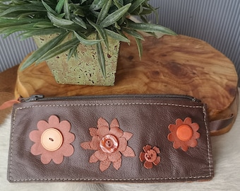 Leather Case Handmade Chocolate Color,  Pencil Case, Phone Wallet Measures 10 x 4 Inches Decorative Leather Flowers and Buttons