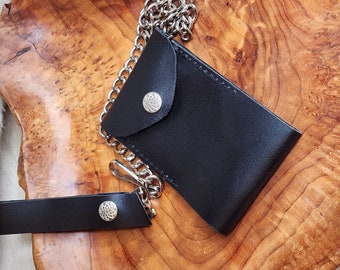 Black Handmade Leather Card ID Case with Chain Minimalist Biker Wallet Style Water Buffalo