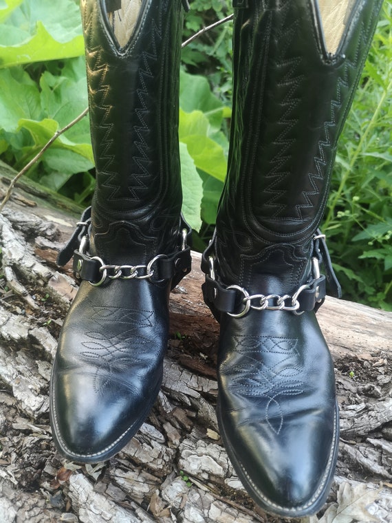 Buy Handmade Leather Black Boot Straps With Chrome Chain, Cowboy