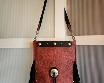 Boho Leather Fringe  Red & Black Embossed Leather Purse  Tote Bag with Detachable Shoulder Strap 12" T x 12.5" w OOAK