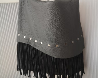 Dark Grey Handmade  Leather Purse Measures 10.5" T x 11" W Smaller Boho Fringe Purse