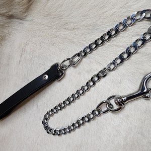 Handmade Black Leather Leash cut from Water Buffalo 24" chrome plated chain