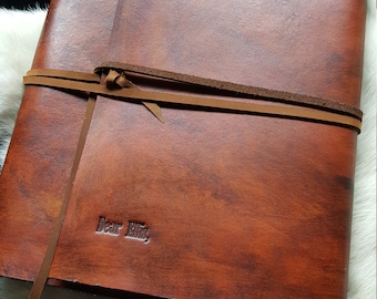 Large Brown Leather Book Journal Weathered Rustic Look  Wrap End Free Custom Stamp Hand Stitched