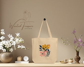 Borsa tote Boho Flowers, borsa shopping ecologica 100% cotone organico, borsa fiori stile Boho per la vita M