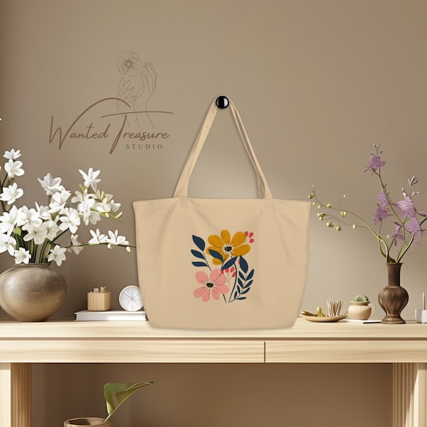 Boho Flowers tote bag, organic 100% cotton eco-friendly shopping bag, Boho style flowers bag for life L