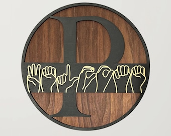 Personalized ASL Sign Language Monogram Initial Family Name Wooden Welcome Door Sign | Home Decor | Housewarming | Wedding Gift