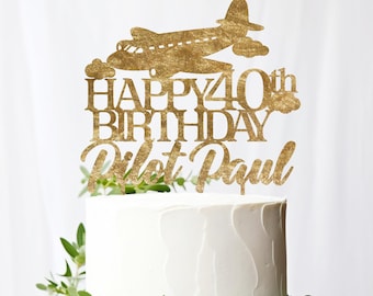 Personalized Pilot Airplane Happy Birthday Wooden Cake Topper