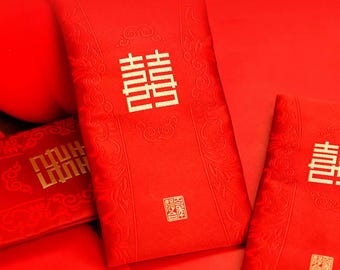 Double Happiness Chinese Wedding Red Envelope Silk Pouch
