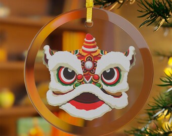 Lion Dance Chinese New Year of the Goat Glass Ornament | Christmas Gift | Home Decor